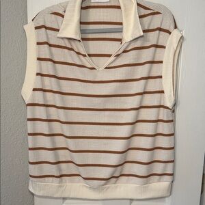 Ces Femme Cream and Brown Striped Sleeveless Polo Tank